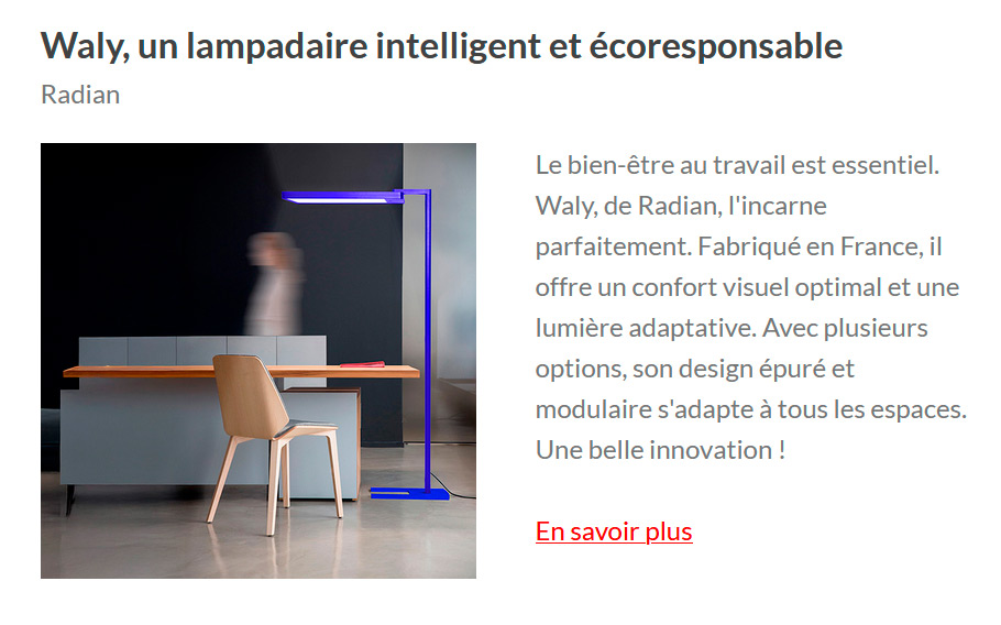Exemple de mise en page d’un fabricant éclairage, insertion publicitaire produit dans une newsletter article - LightPress Product 