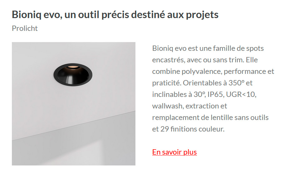 Exemple de mise en page d’un fabricant éclairage, insertion publicitaire produit dans une newsletter article - LightPress Product