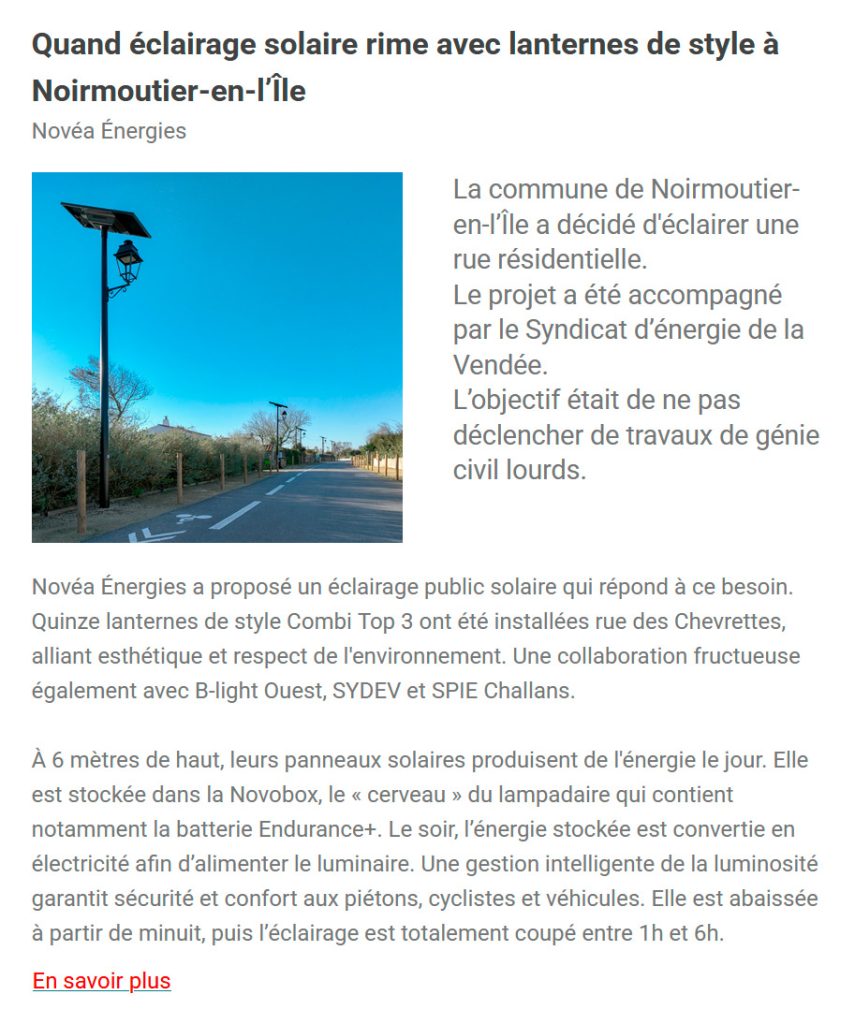 Exemple de mise en page d’un fabricant éclairage, insertion publicitaire projet dans une newsletter article
