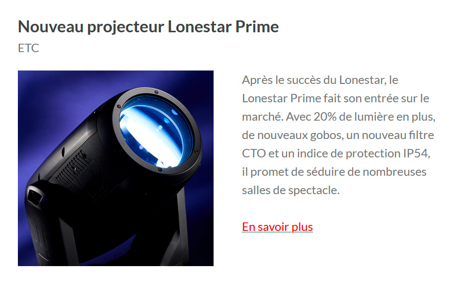 Exemple de mise en page d’un fabricant éclairage, insertion publicitaire produit dans une newsletter article - LightPress Product