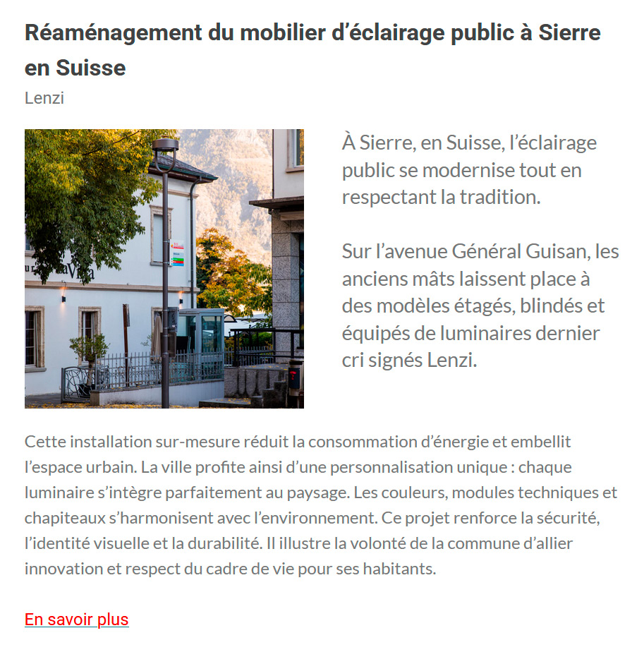 Exemple de mise en page d’un fabricant éclairage, insertion publicitaire projet dans une newsletter article