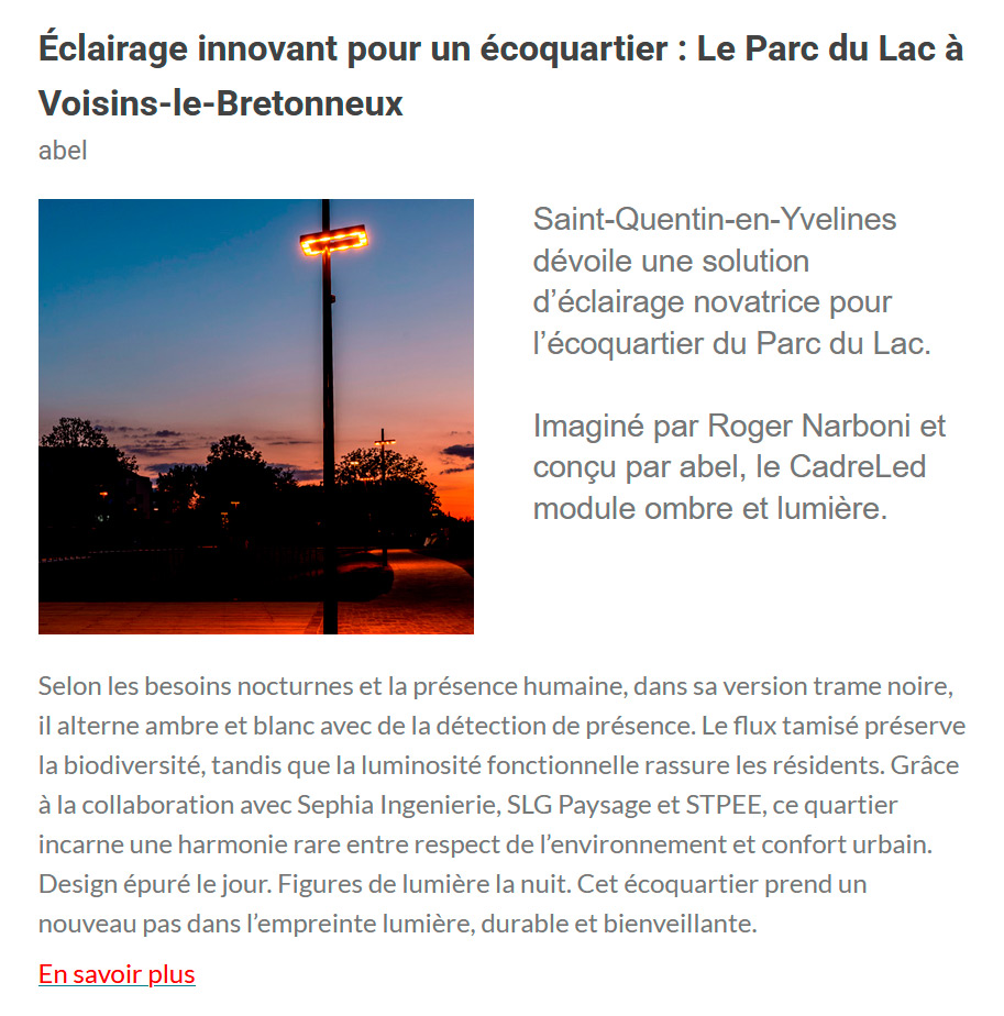 Exemple 4 de mise en page d’un fabricant éclairage, insertion publicitaire projet dans une newsletter article