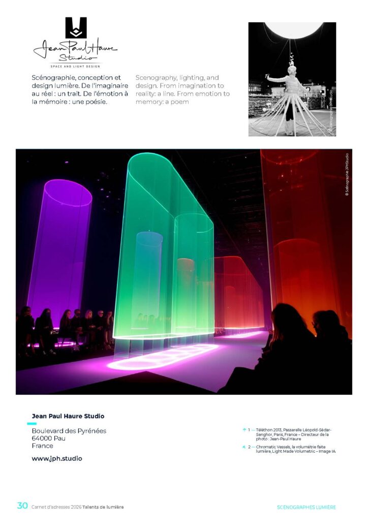 Exemple mise en page scenographe lumiere insertion publicitaire sur page A4 dans annuaire digital illustre Talents de lumiere © LZL Services