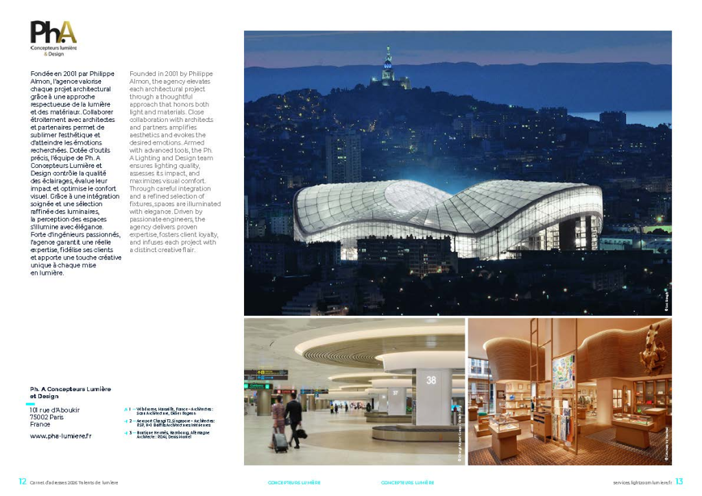 Exemple 1 mise en page d'une agence concepteur lumière insertion publicitaire sur page A3 dans annuaire digital illustré Talents de lumière