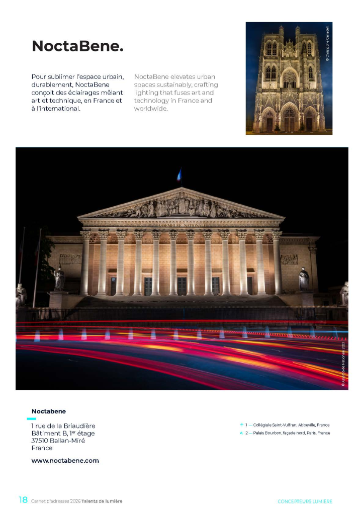 Exemple 1 mise en page d'une agence de concepteurs lumière insertion publicitaire sur trois pages A4 dans annuaire Talents de lumière