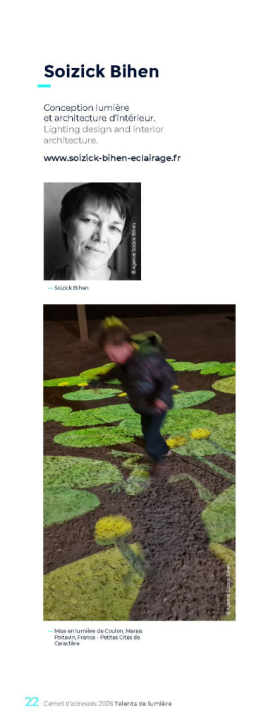 Exemple 1 mise en page d'une conceptrice lumière insertion publicitaire sur page A5 dans annuaire digital illustré Talents de lumière