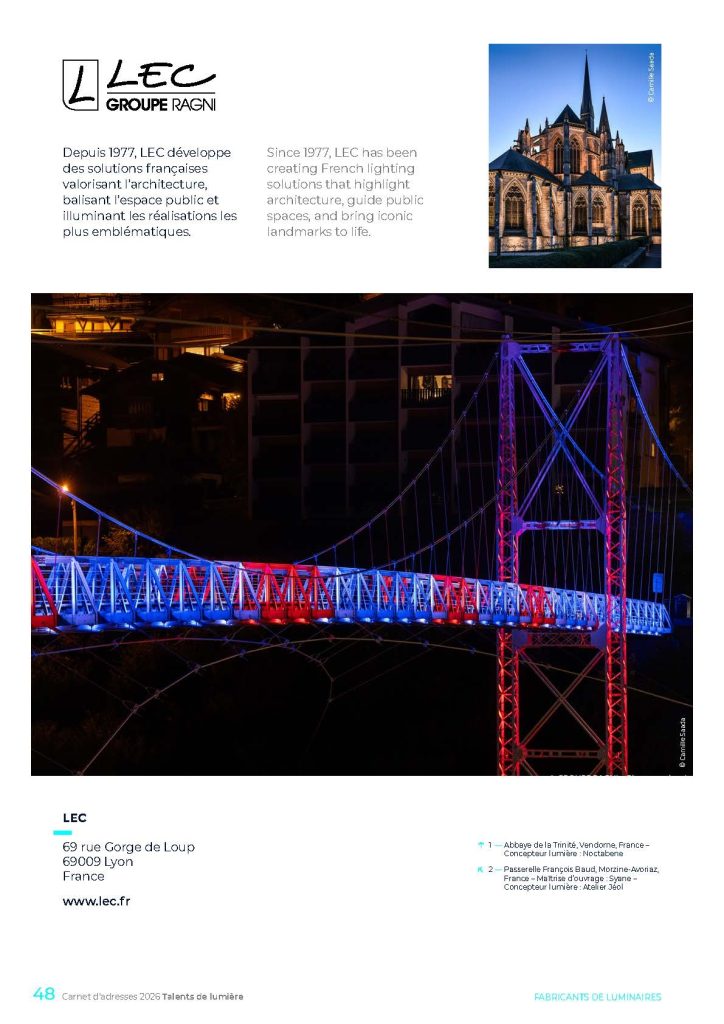 Exemple 1 mise en page fabricant en éclairage insertion publicitaire sur deux pages A4 dans annuaire digital illustré Talents de lumière