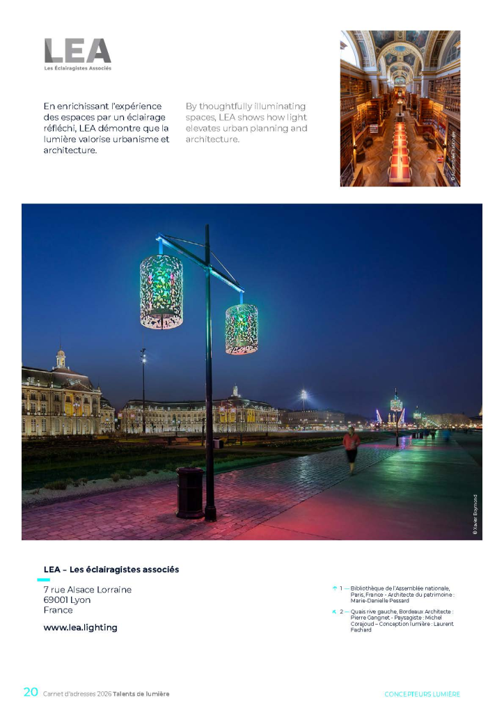 Exemple 2 mise en page d'une agence de concepteurs lumière insertion publicitaire sur trois pages A4 dans annuaire Talents de lumière