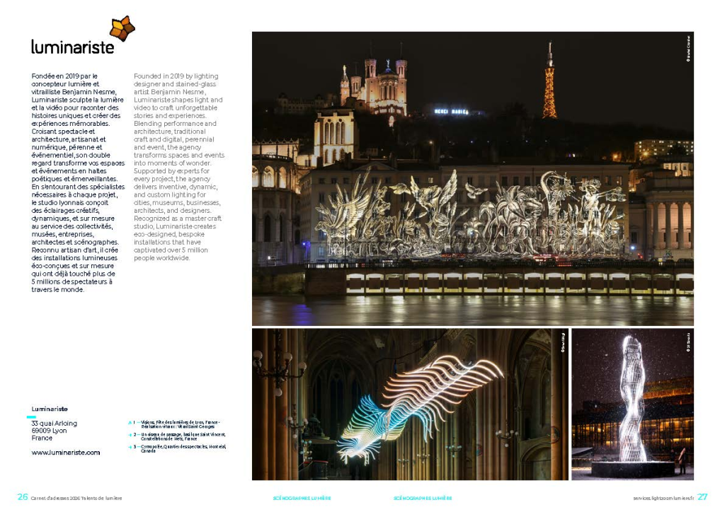 Exemple 2 mise en page d'une agence scénographe lumière insertion publicitaire sur page A3 dans annuaire digital illustré Talents de lumière