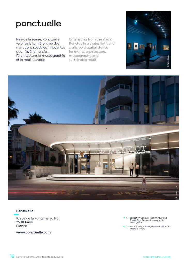 Exemple 3 mise en page d'une agence de concepteurs lumière insertion publicitaire sur trois pages A4 dans annuaire Talents de lumière