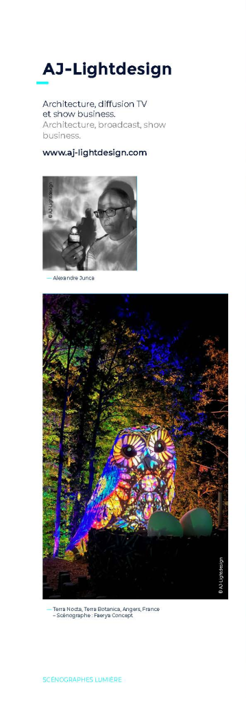 Exemple 3 mise en page d'un concepteur lumière insertion publicitaire sur page A5 dans annuaire digital illustré Talents de lumière