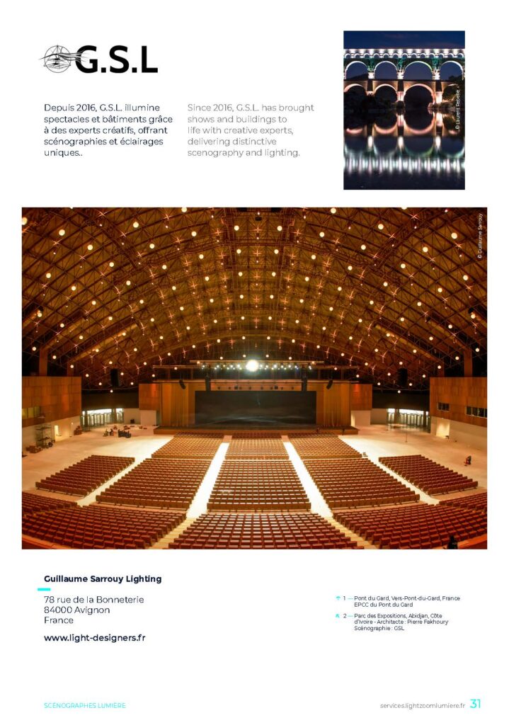 Exemple 6 de mise en page scénographe lumière insertion publicitaire sur page A4 dans annuaire digital illustré Talents de lumière
