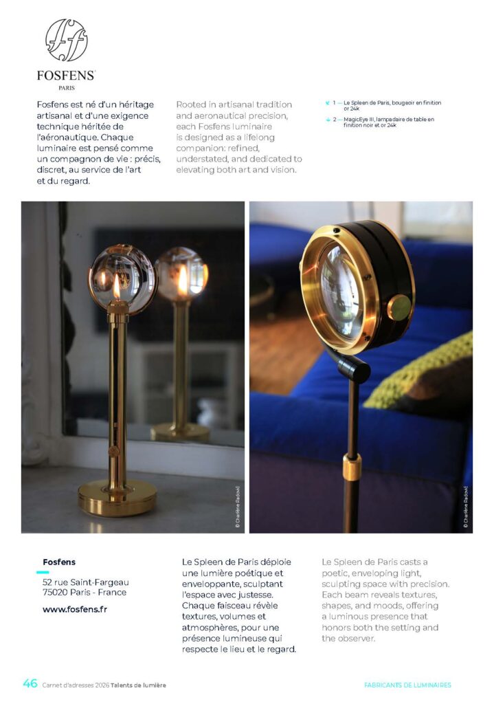 Exemple 7 de mise en page fabricant éclairage insertion publicitaire sur page A4 dans annuaire digital illustre Talents de lumière